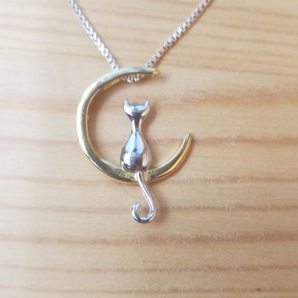 Cat sitting on the moon on silver chain - Picture 3 of 6